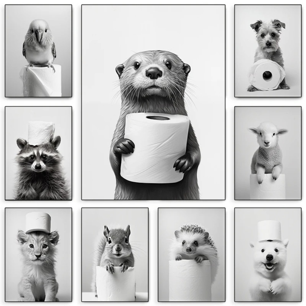 Photography Duck - Zwart-wit schattig dier en toiletpapier poster